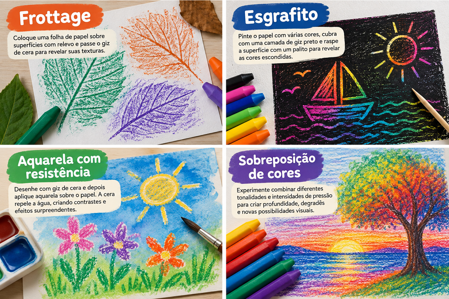 Você sabia que o giz de cera pode ser usado em diferentes técnicas artísticas?                                     Conheça algumas possibilidades: